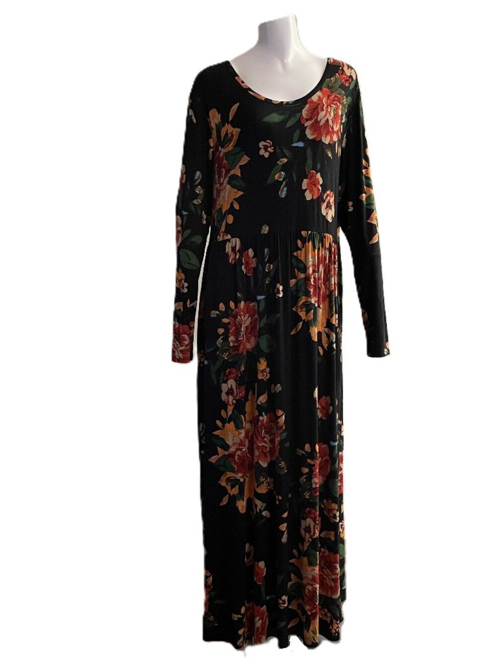 Longyuan Maxi Dress Womens 2XL Black Floral Knit Pullover Long Sleeve Pockets